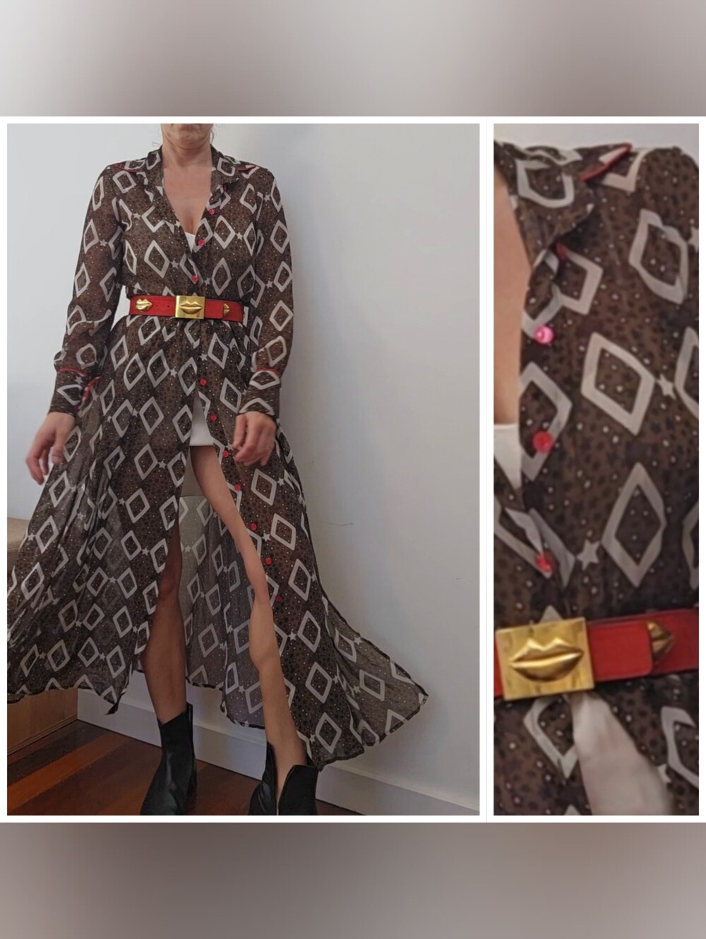 Cristina Gavioli ITALY Iconic Cocoa Brown Western Star Print Dress Or Duster S - Picture 6 of 11